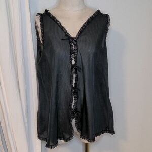 Vintage 60s Durelle Sheer Black Lace Peignoir Top W/ Bow Detail Sz L